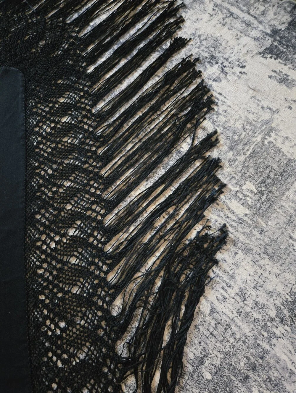 Spanish Flamenco Style Wool Blend Black Shawl With Long Fringe. Triangle Shape.